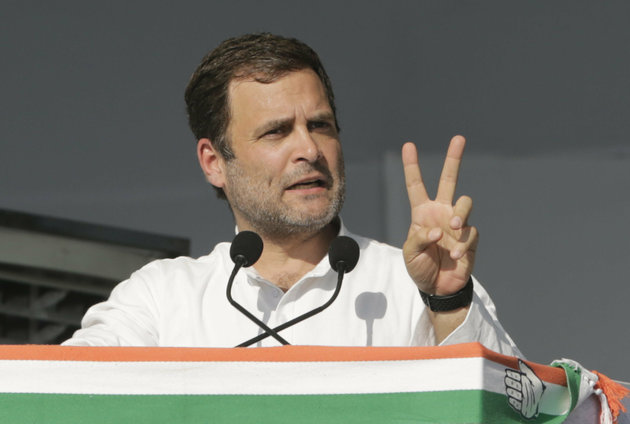 India's main opposition Congress party President Rahul Gandhi speaks during a public meeting at Adalaj in Gandhinagar, India, Tuesday, March 12, 2019. India's national election will be held in seven phases in April and May as Prime Minister Narendra Modi's Hindu nationalist party seeks a second term. (AP Photo/Ajit Solanki)