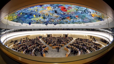 The United Nations Human Rights Council in Geneva, seen earlier this year during a presentation on the conflict in Syria. On Tuesday, Secretary of State Mike Pompeo and Ambassador Nikki Haley announced that the U.S. will be withdrawing from the council.