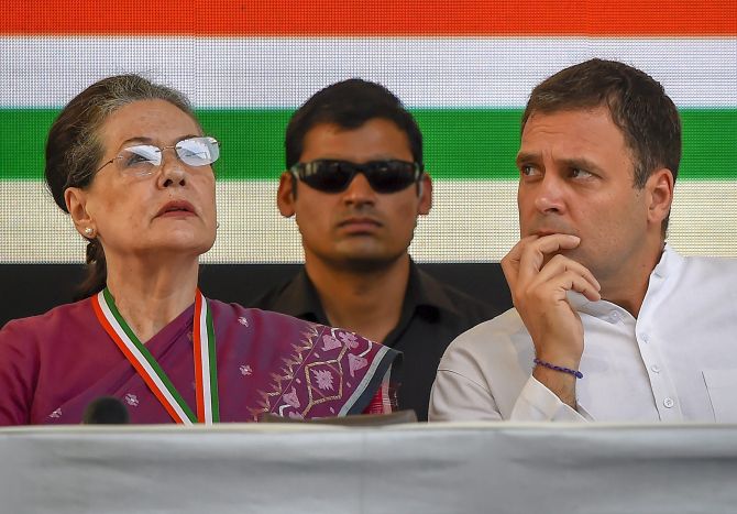 New Delhi: Congress President Rahul Gandhi and senior party leader Sonia Gandhi during the release of party's manifesto for Lok Sabha polls 2019, in New Delhi, Tuesday, April 02, 2019. (PTI Photo/Kamal Singh)(PTI4_2_2019_000033B)