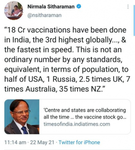 “18 Cr vaccinations have been done in India, the 3rd highest globally..., & the fastest in speed ever since vaccinations opened up”
