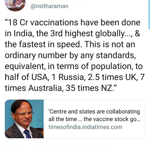 “18 Cr vaccinations have been done in India, the 3rd highest globally..., & the fastest in speed ever since vaccinations opened up”