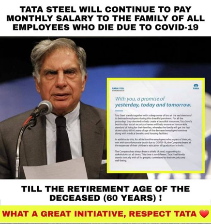 Tata Steel Will Continue To Pay Monthly Salary To Family of All Employees Who Died Due To Covid-19