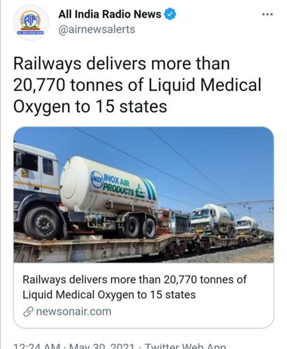 Oxygen Expresses deliver more than 25,000 MT of LMO – Liquid Medical Oxygen
