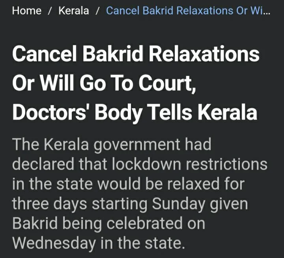 Law Is Equal For All: Cancel Bakrid Relaxations Or Will Go To Court, Doctors‘ Body Tells Kerala Government