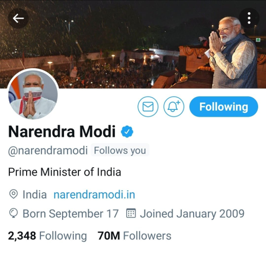 PM Modi @narendramodi Twitter Followers Crosses 70 Million