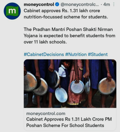 Healthy Kids, Healthy Nation: Cabinet approves Rs 1.31 Lakh Crore PM POSHAN Scheme For School Students