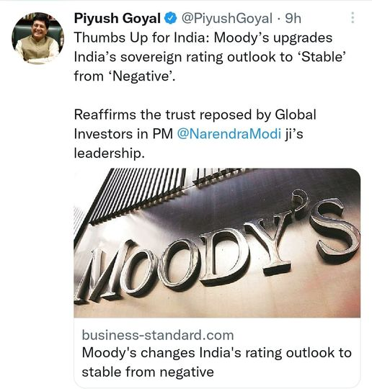 Moody’s Upgrades India’s Rating Outlook To Stable From Negative; Affirms Baa3 Rating