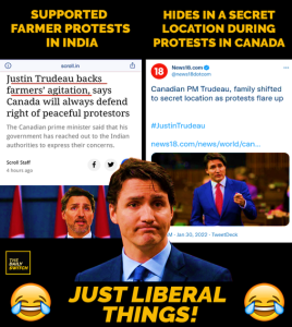 Karma Hits Back! Canadian PM Justin Trudeau goes into hiding as farmers join truckers in protest vaccine mandate