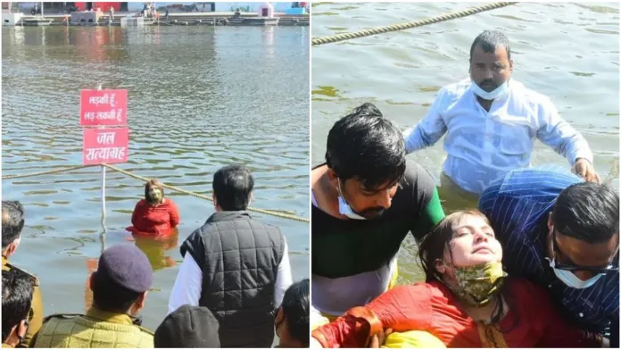Noutunki! MP Congress leader Noori Khan Loses Balance And falls In Water While Performing ‘Jal Satyagrah’, Blames BJP Aafter Being Rescued