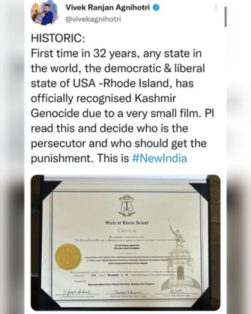 The Kashmir Files: US State Rhode Island Officially Recognises 'Kashmir Genocide', Vivek Agnihotri Pens Note