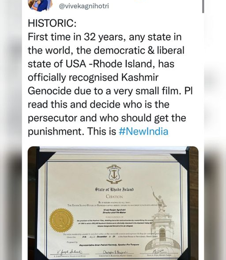 The Kashmir Files: US State Rhode Island Officially Recognises 'Kashmir Genocide', Vivek Agnihotri Pens Note