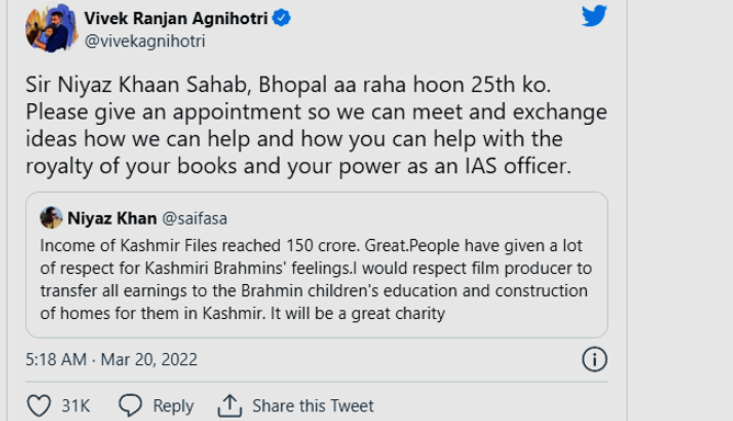 'Will Be Great Charity' | 'The Kashmir Files': IAS Officer Niyaz Khan Urges Makers To Donate Earnings; Read Vivek Agnihotri’s Epic Reply